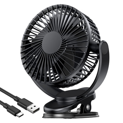 ATEngeus Rechargeable Clip-on USB Desk Fan, 3 Speeds, 5000mAh Battery, 720Rotation, Sturdy Clamp for Home, Camping, Treadmill and Car
