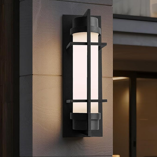 ALVIME 15 inch Large Outdoor Wall Sconce, Exterior Lighting Fixtures, Waterproof Modern Outdoor Wall Light, Black Outside Sconce Lights for House, Entryway, Patio, Garage, E26 Base&Etched Opal Glass