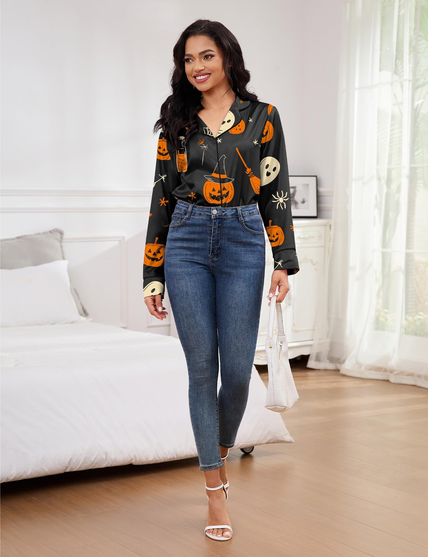 SHESHOW Funny Halloween Pajamas Women Satin Pajama Long Sleeve 2 Piece Sets Cute Halloween Pjs Women Black XL