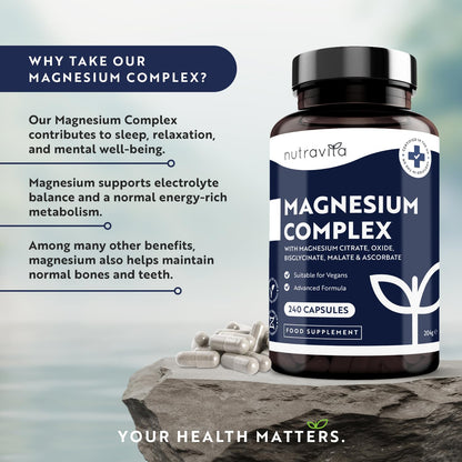 Magnesium Supplements 5-in-1 Complex 1146mg - 240 Vegan High Strength Capsules - 400mg Elemental Magnesium - Bis Glycinate, Citrate, Malate, Oxide, Ascorbate - Muscle Support & Sleep Aid - Nutravita