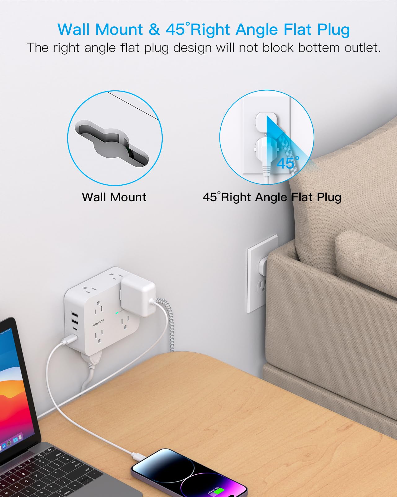 10 ft Extension Cord, HANYCONY 1080J Surge Protector Power Strip Long Cord with 8 AC Outlets and 4 USB Ports (2 USB-C), Wall Mount, Desk Charging Station for Home Office College Dorm Room Essentials