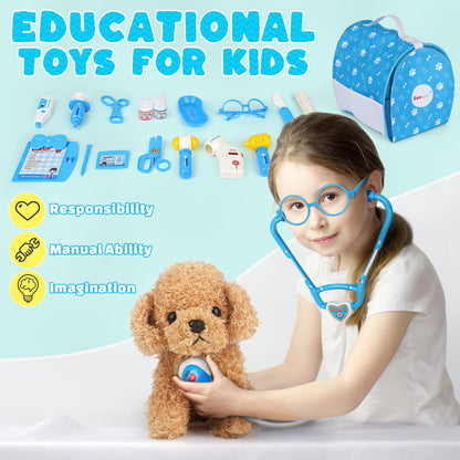 Sanlebi Doctors Set for Kids - Children Pet Vet Care Play Set with Doctor Costume, Plush Dog, Pretend Role Play Medical Kit Toys Gifts for 3 4 5 6 Year Old Girls (Blue)
