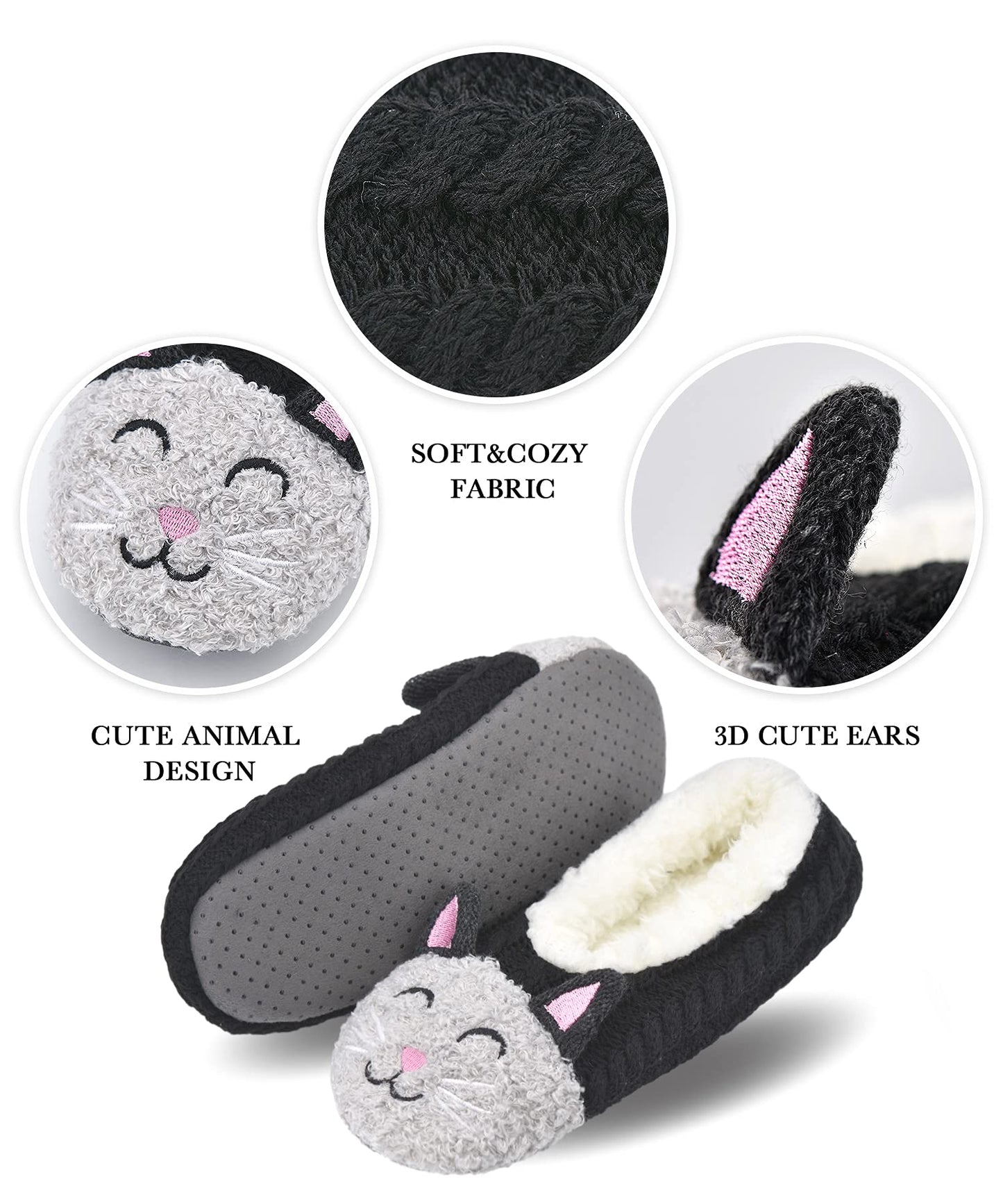 DICUIRD Womens Cozy&Warm Animal Slipper Socks with Grippers-House Socks(Black Cat, 8-10)
