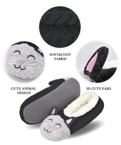 DICUIRD Womens Cozy&Warm Animal Slipper Socks with Grippers-House Socks(Black Cat, 8-10)