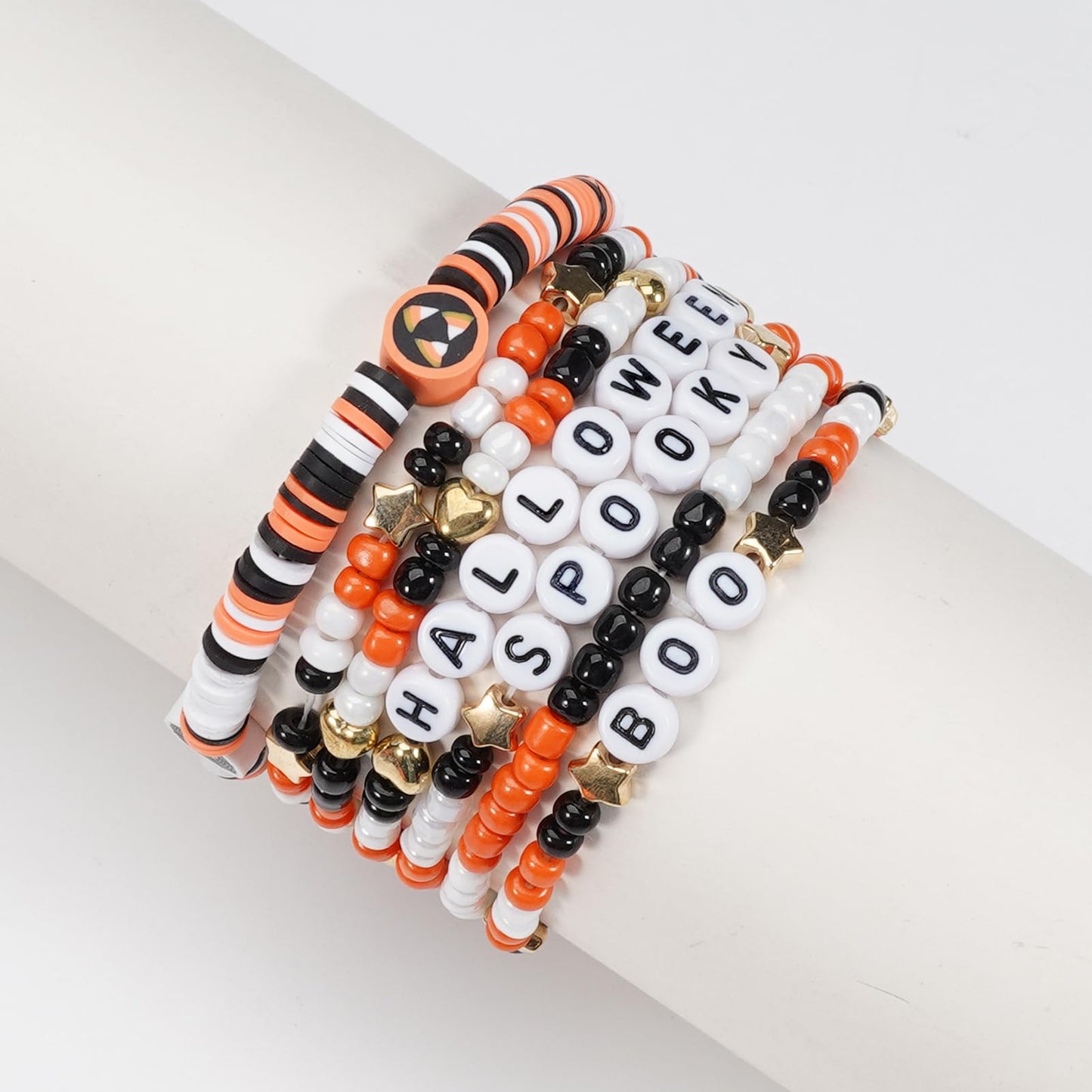 Ardorchid Halloween Bracelets for Women Spooky Boo Beaded Stackable Letter Bracelet Boho Clay Heishi Bracelets Halloween Party Jewelry