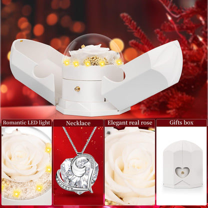 Preserved Real White Rose with Necklace Forever Flowers Rose Valentines Day Gifts for Her Wife Girlfriend Women Mom Grandma on Valentines Mothers Day Sweetest Day Christmas Anniversary Romantic-White