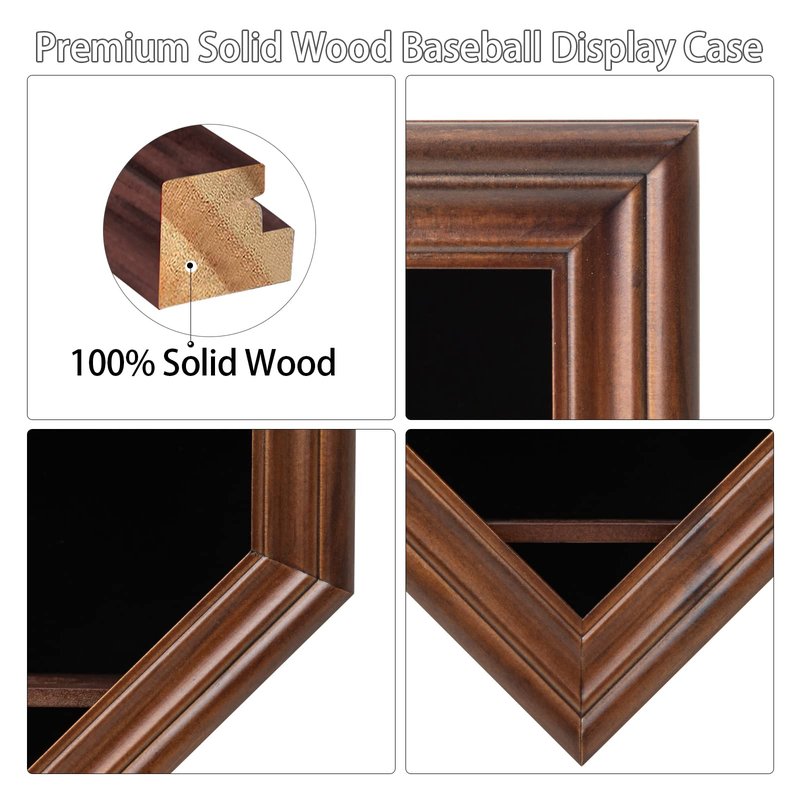 Grintus Baseball Display Case Real Glass-Solid Wood Baseball Holders for Balls and Championship Ring Display Wall Mount with Lockable Door for Autograph Balls Collection (Walnut)
