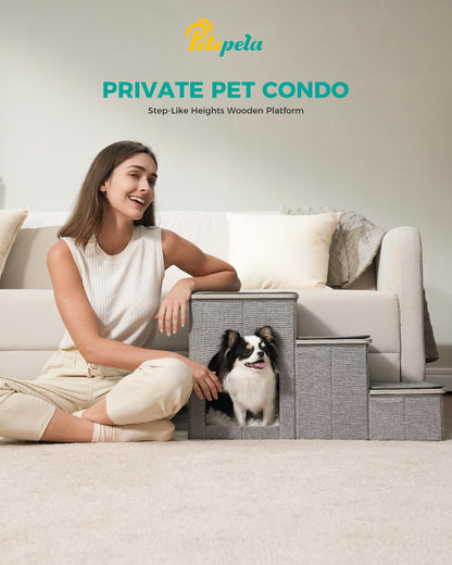 PETEPELA Dog Steps for Bed, 3 Steps for Dog Step for Sofa with Storage for Small Dogs for Bed, Foldable Pet Stairs for Couch and High Bed Hold up to 30KG, Wood Grey