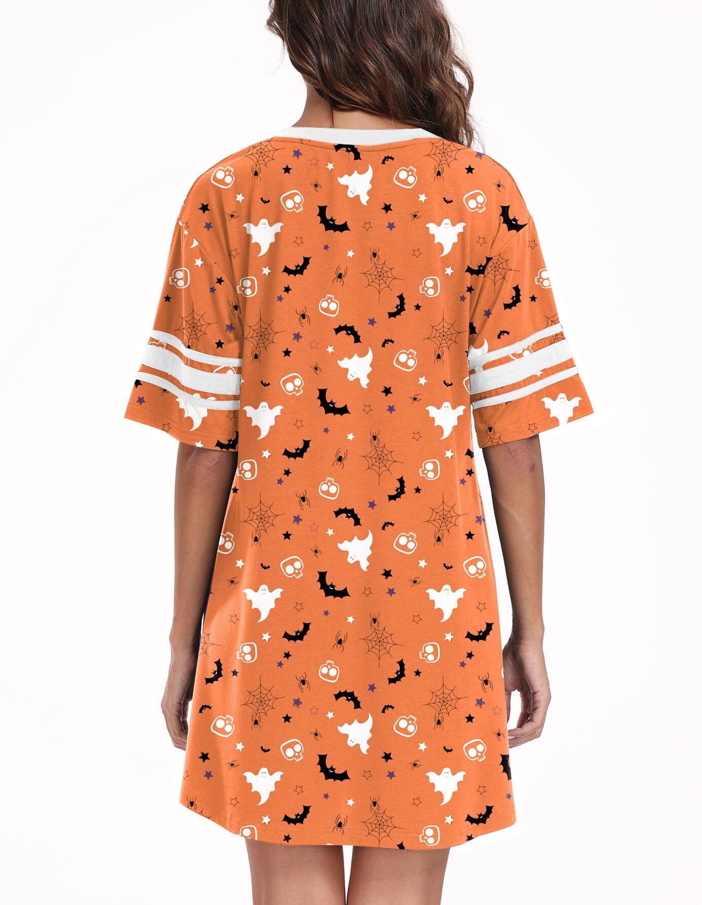 REGAI Women's Nightgown Short Sleeve V Neck Nightshirt Casual Sleepwear, Halloween Orange, 3XL