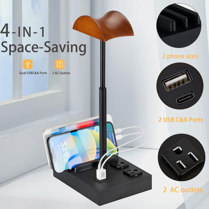 CASTLELIFE Headphone Stand Desktop Gaming Headset Holder with 2 AC Outlets and USB C&A Ports, Charging Station&Phone Stands, Wood Earphone Table Game Accessories for Desktop Gamer, Black