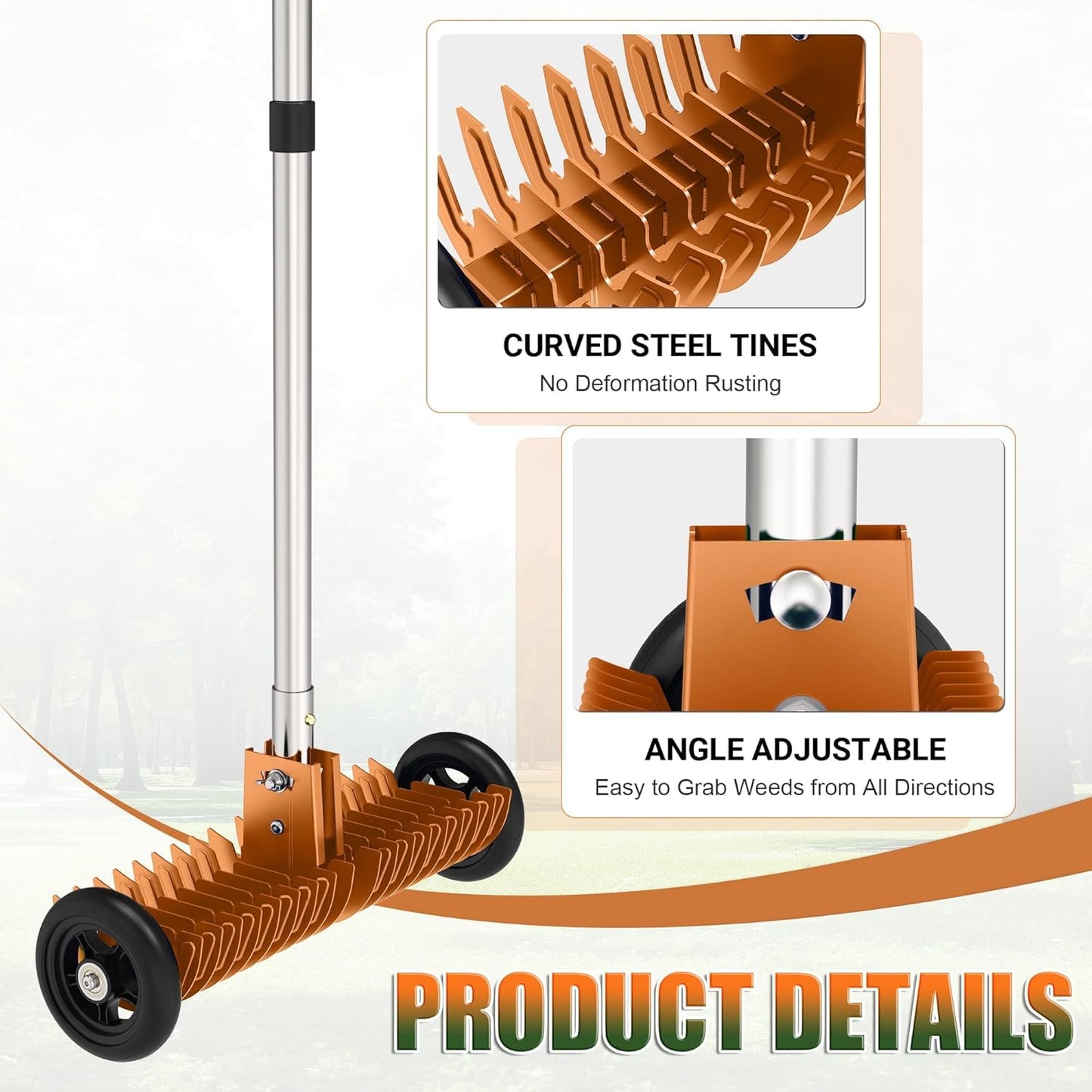Thatch Rake for Lawn, 15-Inch Dethatcher Rake with Rolls Efficient Steel Metal Rake, Adjustable 0-15°, 38-68 Inch Handle, Heavy-Duty Thatching Rakes for Cleaning Dead Grass, Yard Garden Care