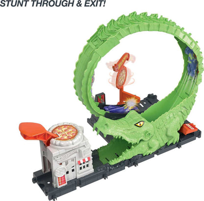 Hot Wheels Track Set with 1 Hot Wheels Car, Adjustable Track that Connects to Other Sets, Gator Loop Pizza Place Playset, HKX39