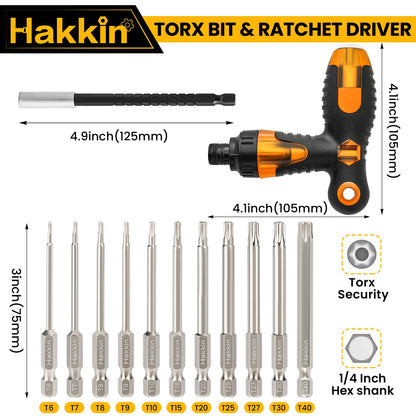 13Pcs Torx Screwdriver Sets Hakkin Torx Bit Set with Ratchet Screwdriver 75mm Torx Security Bit Set S2 Steel T6-T40 Magnetic Tamper Proof torx Bits for Screwdrivers, Impact Drill, Ratchet Wrench etc