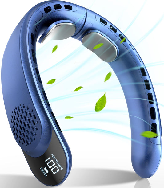 FrSara Rechargeable Neck Fan, Personal Fan with LED Display, 3 Speeds with 4000mAh Battery Powered, Supports USB TYPE-C, Portable, Ideal & Quiet for Women, Men Travel, Outdoor, Blue