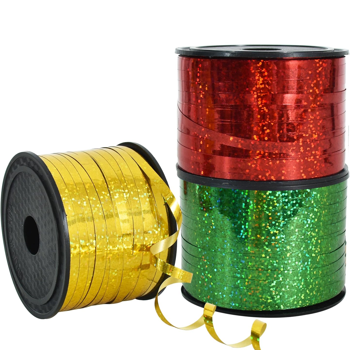 BEISHIDA 3 Pack 100 Yards Gold Red Green Ribbon Curling Crimped Glitter Ribbon Balloon String Shiny Metallic Gift Wrapping Ribbon Birthday Party Christmas Art Craft Decoration