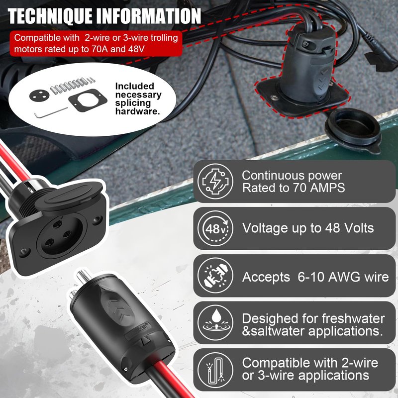 Moestoont 70A Trolling Motor Plug for 2 or 3 Wire 12-48V Systems Compatible with Minn Kota Marine Boat, Watertight Heavy Duty Electrical Power Connector Black