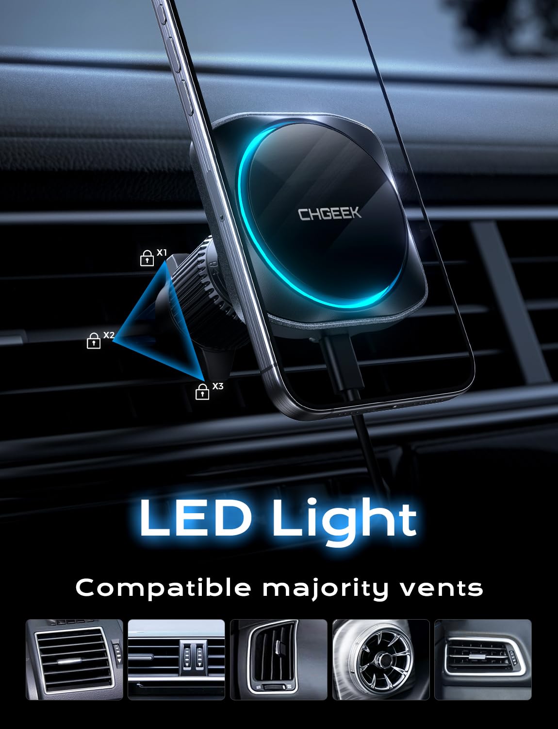 CHGeek for 15W Magsafe Car Mount Charger, iPhone Wireless Car Charger Magnetic Car Phone Holder Mount Fit iPhone 16 15 14 13 Magsafe Case, Vent/Windshield/Dash Phone Mount Holder Fast Cooling Charger