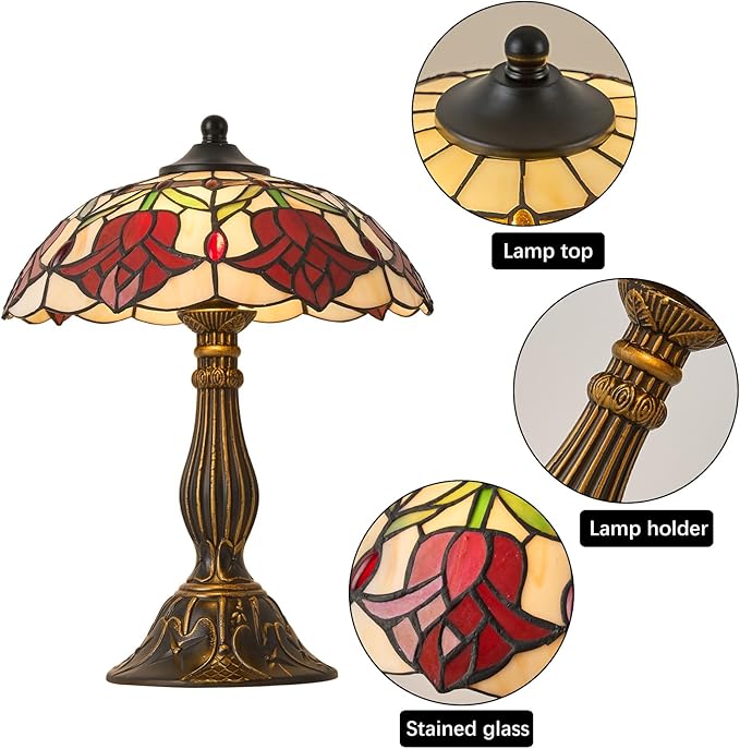 Tiffany Style Table Lamp, Vintage Style Desk Lamp with Stained Glass Shade, Mid Century Modern Bedside Nightstand Decorative Lamps Unique Accent Light for Bedroom Living Room ect