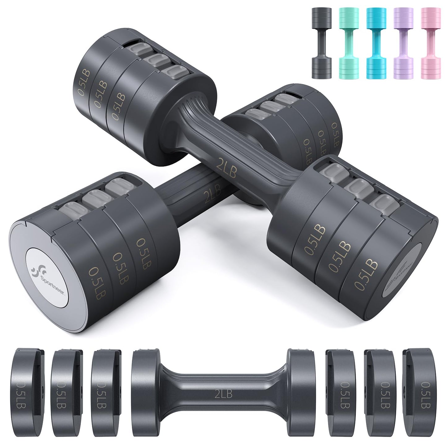 Adjustable Dumbbells Hand Weights Set: Sportneer 1 Pair 0.9-4.5KG (0.9-2.3KG) Fast Adjust Dumbbell Weight 6 In 1 Free Weights Barbells For Women Men Home Gym Workout Exercise Strength Training