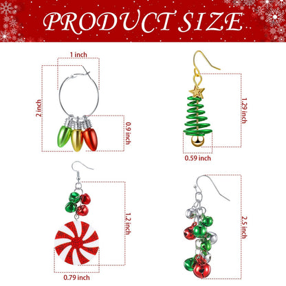 Hicarer 4 Pairs Christmas Dangle Earrings Set Christmas Tree Bell Light Bulbs Hoop Earrings for Holiday Women(Cute Style)