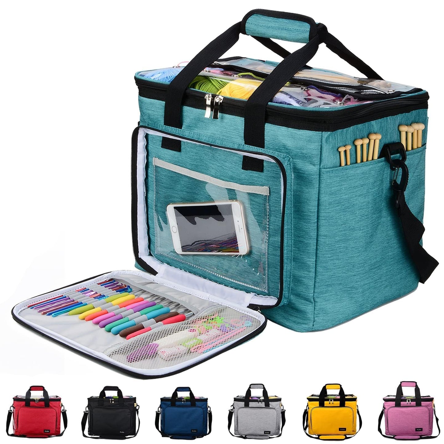 Hoshin Knitting Bag for Yarn Storage, Portable Crochet Tote Bag Yarn Organizer for Crochet Patterns and Hooks, Needles, Skeins of Yarn-Enjoy Knitting/Crocheting Anywhere(Green)