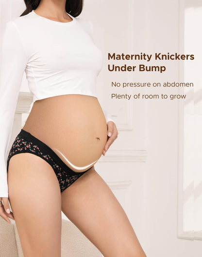 INNERSY Maternity Knickers Under Bump Cotton Pregnancy Underwear Low Cut Pants After Birth 5 Pack (10, Black/Navy Blue/Burgundy/Green/Rose Print)
