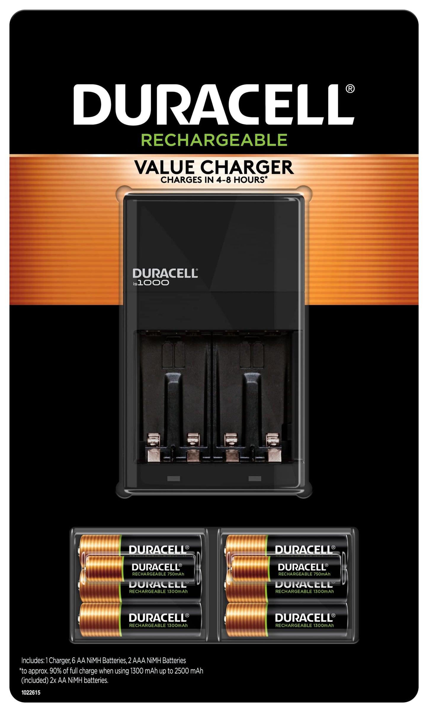 Duracell Ion Speed 1000 Charger for Rechargeable AA and AAA Batteries, Includes 6 AA and 2 AAA Pre-Charged Batteries for Household and Business