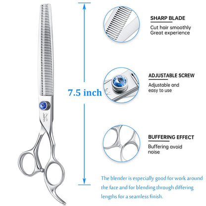 JASON 7.5" 56 Teeth Blending Dogs Grooming Scissors Cats Thinning Shears Pets Blender Thinner Trimming Texturizing Kit with Offset Handle Blue Jewelled Screw