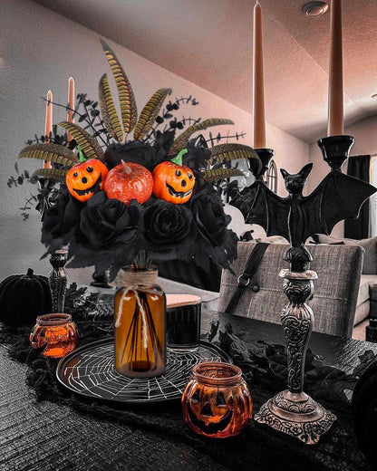 Bessol Halloween Artificial Flowers Decorations,Fake Black Roses Eucalyptus Pumpkins with Vase Arrangements Halloween Table Centerpiece for Kitchen Dining Living Room Home Indoor Decor