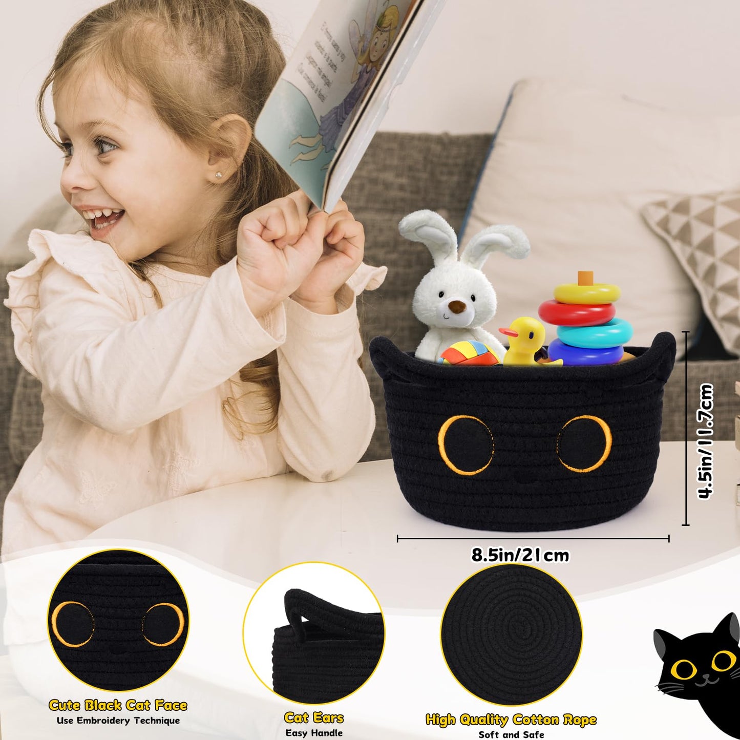 Hkojewp Small Storage Basket, Black Cat Cotton Rope Baskets Woven Blasket for Nursery, Blanket Basket Baby Toy Storage Organizer With Ears for Gifts Cat Dog Bin Toys 8.5×4.5 inches