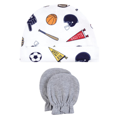 Hudson Baby Infant Boy Cotton Cap and Scratch Mitten Set, Sports Fan, 0-6 Months