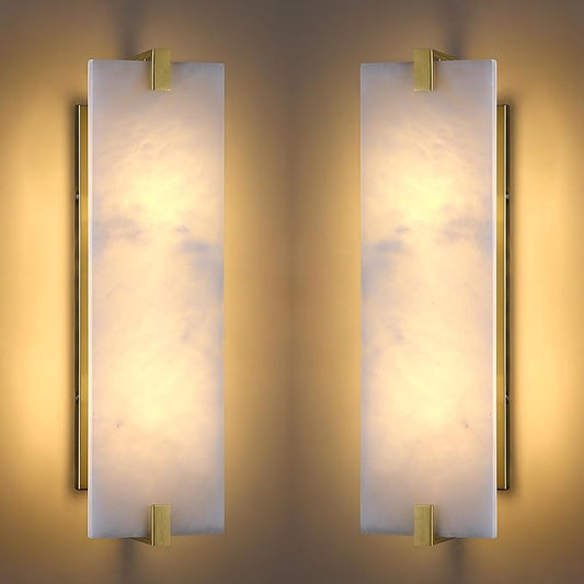 2 Pack 2 Light Square 18.86" Alabaster Marble Bathroom Wall Sconce Modern Concise Style Wall Light Fixture,Gold Finish for Bedroom Hallway Bedside