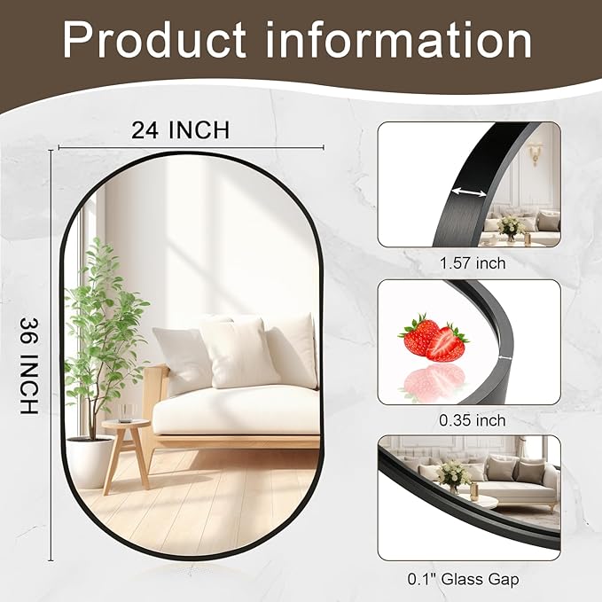 24x36 inch Oval Bathroom Mirror, Black Vanity Wall Mirror with Brushed Metal Frame, Oval Mirrors for Bathroom, Entryway, Over Sink, Living Room