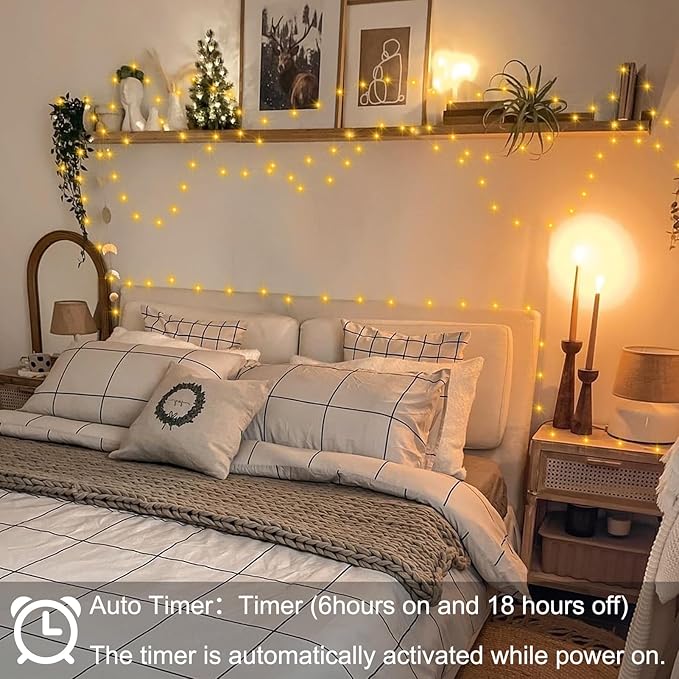 2 Pack Fairy Lights Battery Operated, 200 LED 66Ft Silver Wire Twinkle String Light 8 Modes Auto Timer Mini Christmas Fairy Lights for Bedroom Wedding Decor (Warm White)