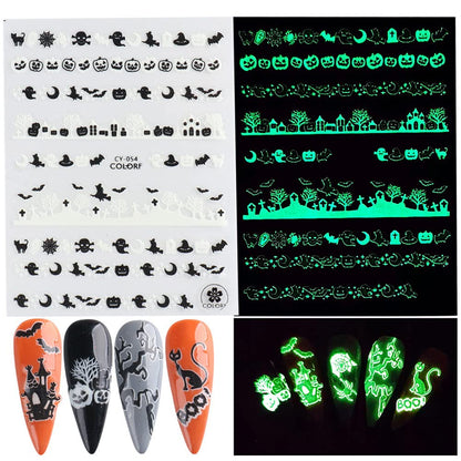 Luminous Nail Stickers - 3D Halloween Nail Art Designs - Skull, Ghost, Pumpkin, Spider, Bat Decals - Self-Adhesive, 6 Sheets