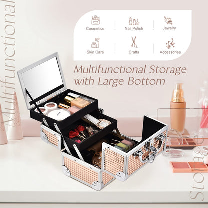 Joligrace Rose Gold Makeup Box Vanity Case Cosmetic Organiser Case Travel Make Up Case Beauty Box with Mirror, 2 Trays, Lockable, Size: 19.5 x 15 x 16cm