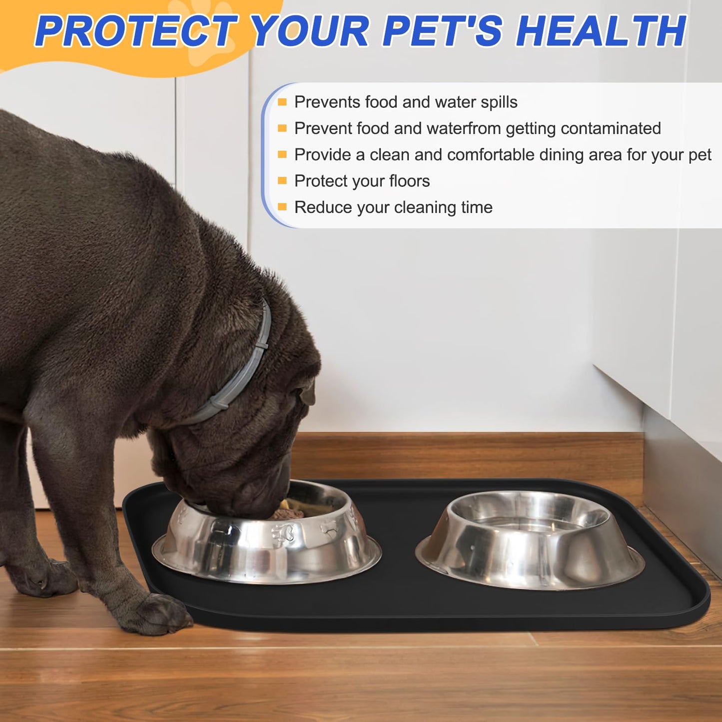 SMILOOL Silicone Pet Food Mat with Raised Edge for Food and Water Bowl, Dog Feeding Mats, Cat Food Trays for Floor Waterproof, Rubber Tray for Dogs and Cats, 24 x 16 x 0.8 Black