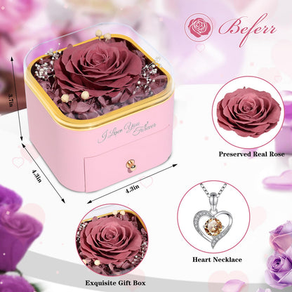 Beferr Valentines Day Gifts for Her Preserved Real Rose with Necklace Eternal Roses Forever Flowers for Delivery Prime Mothers Anniversary Birthday Gifts for Women Mom Grandma Wife Daughter Girlfriend