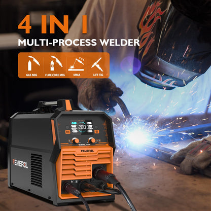 FEMEROL 200A MIG Welder,4 in 1 Gas MIG/Gasless Flux Core/Stick/Lift TIG Multi-process Welding Machine Large LED Display 110V/220V Multi Welder