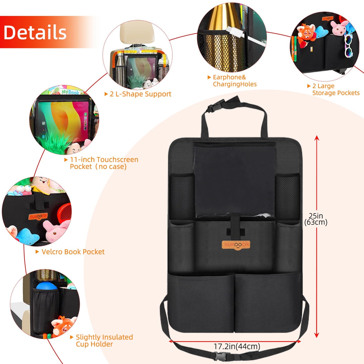 SURDOCA UPGRADED Car Seat Organiser for up to 11-inch Tablet Holder, 8 Pockets, Kids Toy Storage, Water Proof Back Seat Protector for Kids