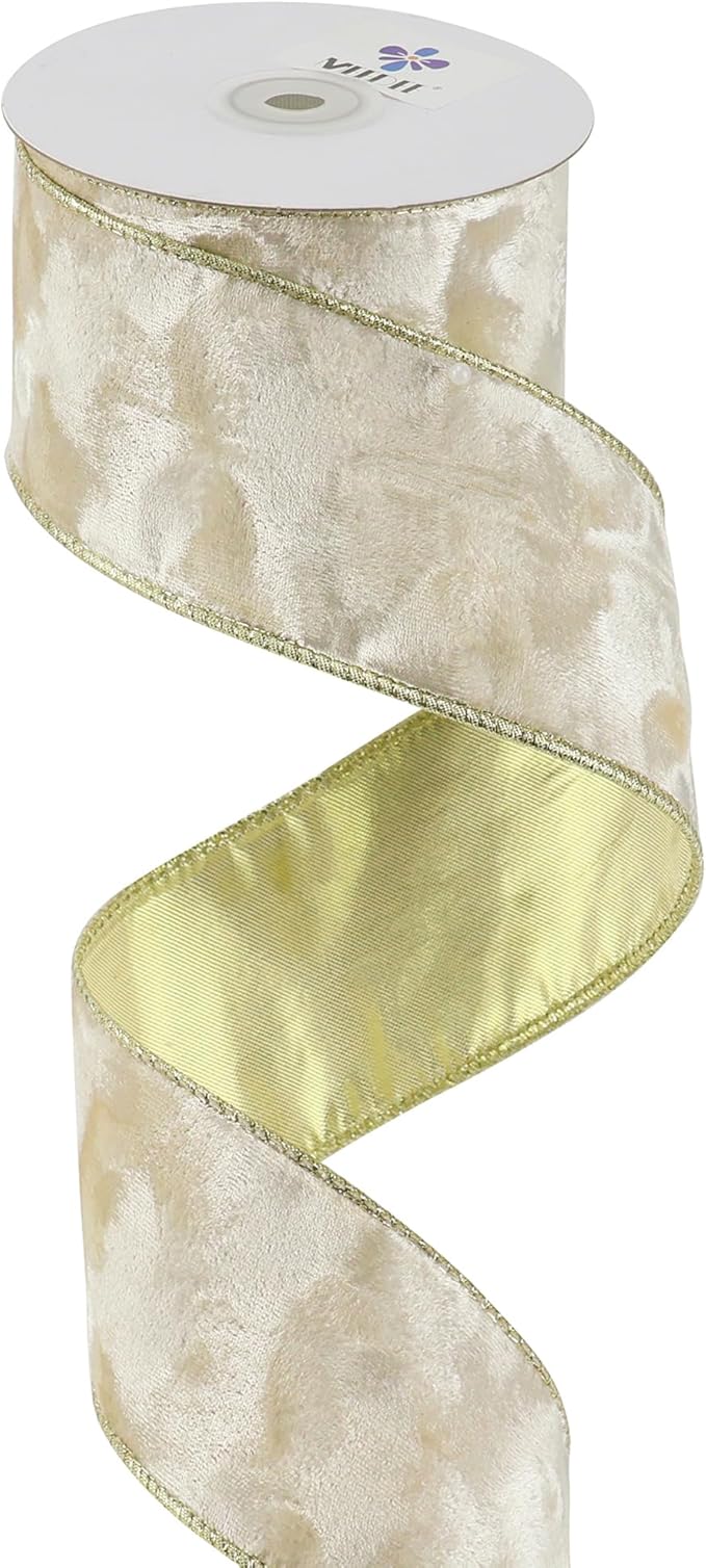 MEEDEE Ivory Velvet Ribbon with Gold Back 2.5 inch 10 Yards Double Sided Christmas Wired Ribbon for Christmas Tree Decoration, Baskets, Wreaths, Holiday Projects, Wedding Decor and Accents