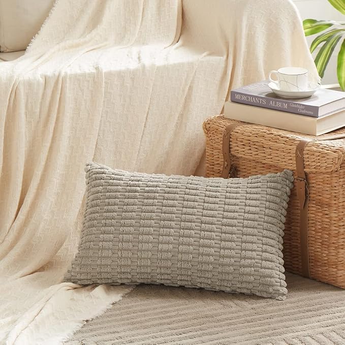 Fancy Homi Taupe Lumbar Decorative Throw Pillow Covers 12x20 Inch for Living Room Couch Bed Sofa, Rustic Farmhouse Boho Home Decor, Soft Striped Corduroy Rectangle Cushion Case 30x50 cm