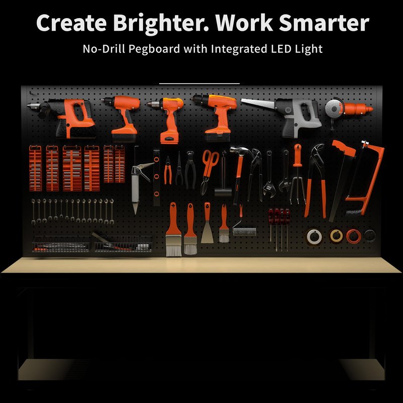 60" Adjustable Height Workbench,9-Level Heavy Duty Work Table with Storage Shelf Pegboard LED Light & Built-in Power Strip, 2010 lbs Load Capacity Rolling Tool Bench for Garage Workshop