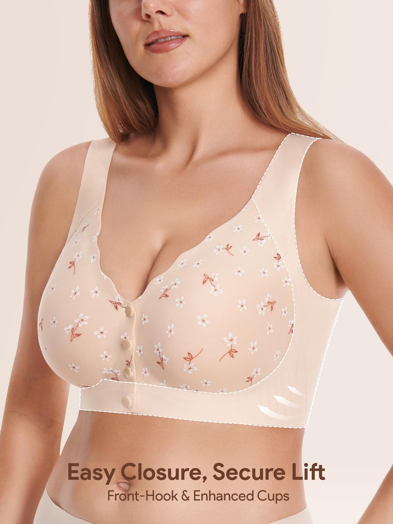 Wireless Daisy Jelly Bras for Women, Front Closure Seamless Bra Post Surgery Comfort No Underwire Push Up Bralettes Beige