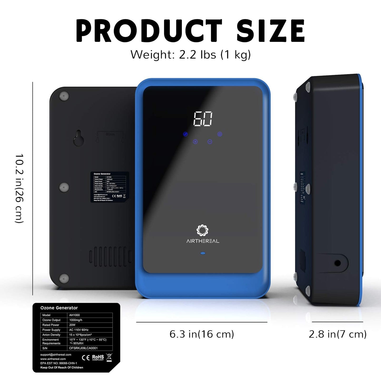 Airthereal AH1000 Portable Ozone Machine for Water and Air - 1000 mg/h, Multipurpose Liquid Ozonator with Negative Ion and Timer