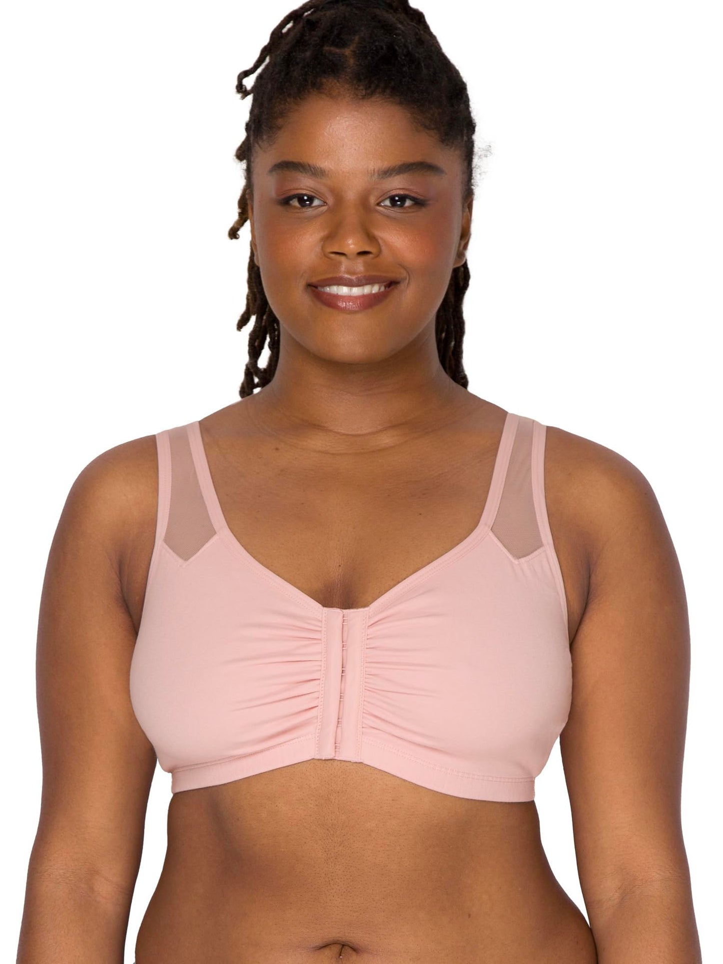 Fruit of the Loom womens Comfort Front Close With Mesh Straps Sports Bra, Blushing Rose, 34 US