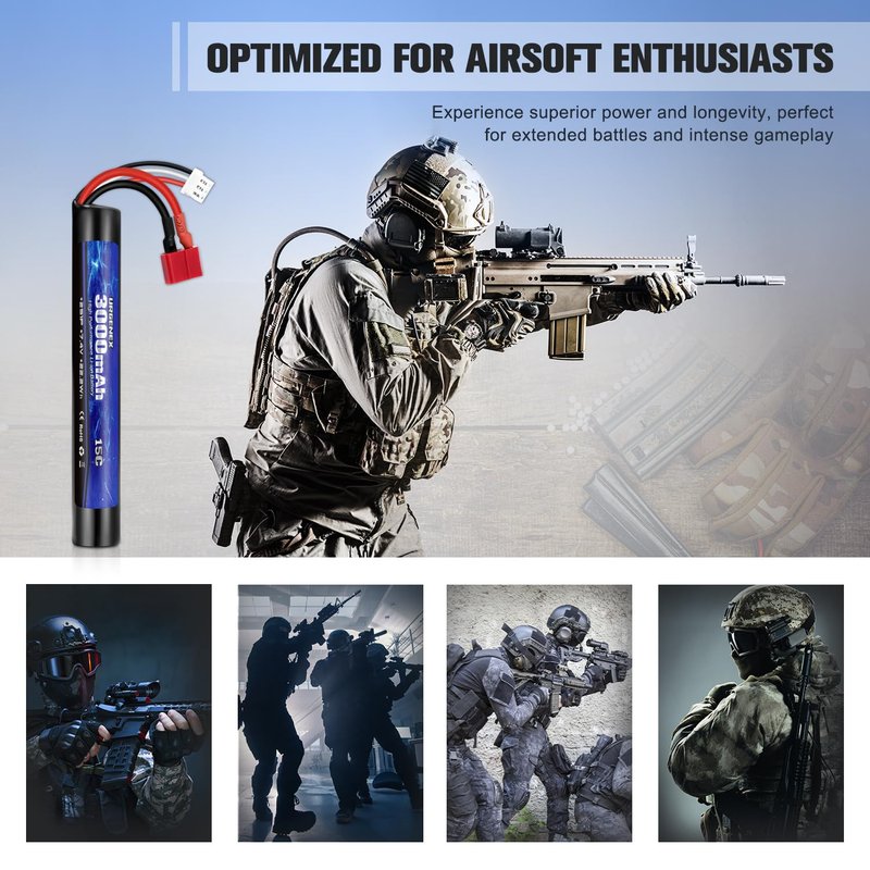 URGENEX 3000mAh Airsoft Battery 7.4V Stick Battery with Dean-Style T Plug 2S Rechargeable Stick Shape RC Lithium-ion Fit for Most Airsoft Model Guns Rifles