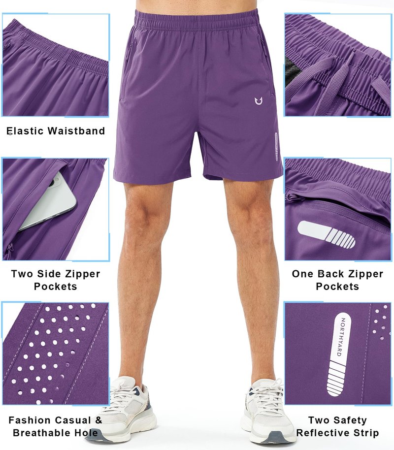 NORTHYARD Men's Athletic Running Shorts Gym Workout 7"/9"/5" Quick Dry Lightweight Sports Basketball Tennis 3 Zipper Pockets PURPLE-5inch L