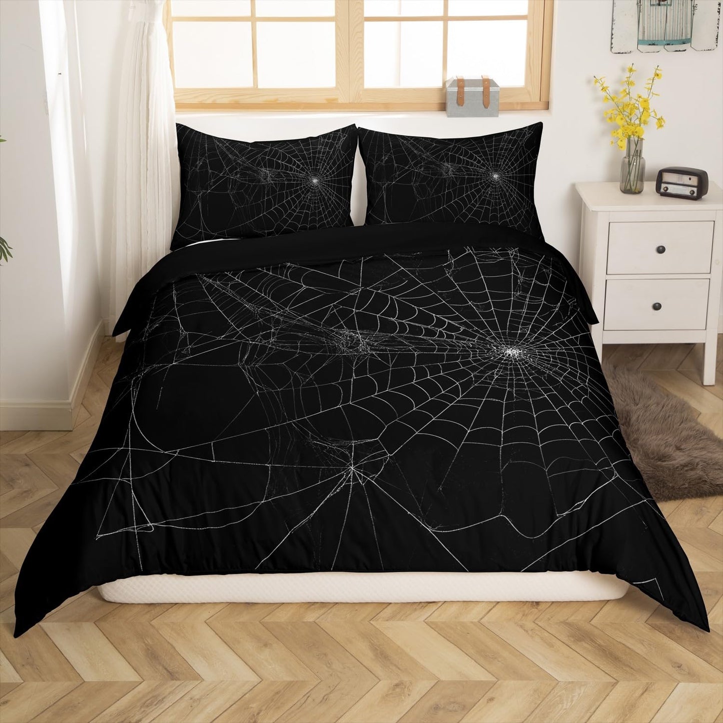 Spider Web Bedding Duvet Cover Set Kids Halloween Theme Spider Print Bedding Set Boys Girls Black White Decor Comforter Cover Microfiber Trick or Treat Bedspread Cover Bedroom Bedclothes Queen Size