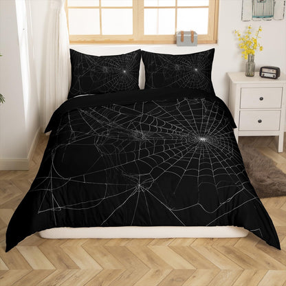 Spider Web Bedding Duvet Cover Set Kids Halloween Theme Spider Print Bedding Set Boys Girls Black White Decor Comforter Cover Microfiber Trick or Treat Bedspread Cover Bedroom Bedclothes Queen Size